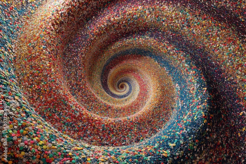 Poster a mesmerizing spiral vortex of colorful pebbles creates an abstract and dynamic swirl pattern, evoki