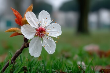 Obraz premium Blossom of a white flower with raindrops on a misty morning in a green park