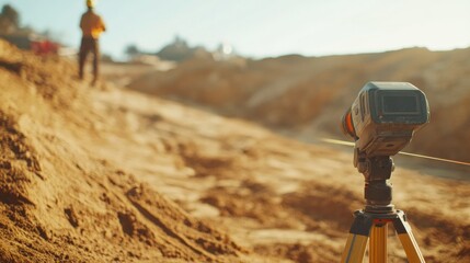 Surveyor measuring land with a laser distance meter on a construction site. Featuring precision and technology