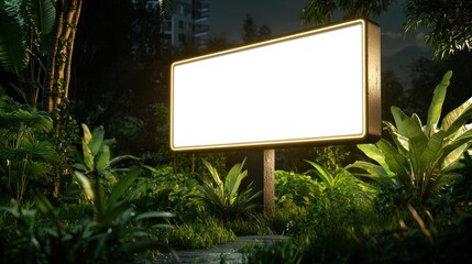 Fototapeta premium Empty billboard in tropical garden at night, urban background