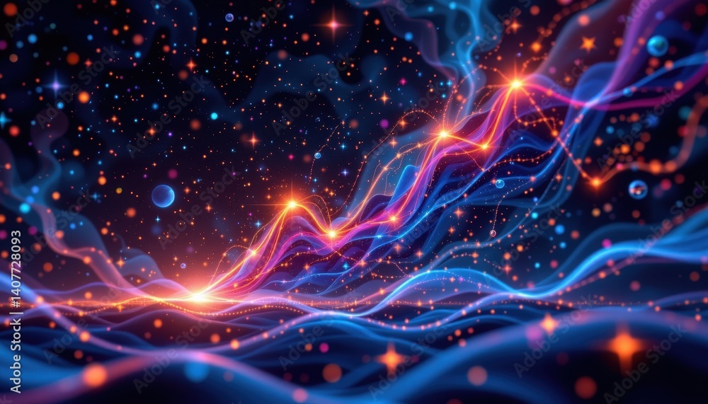 Poster cosmic data representation visualize a galactic themed graph that uses stars and cosmic elements to 