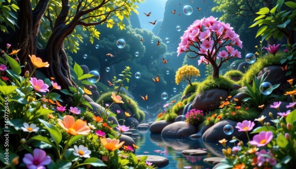 Poster interactive nature scene create an interactive environment with exaggerated flora and fauna, where b