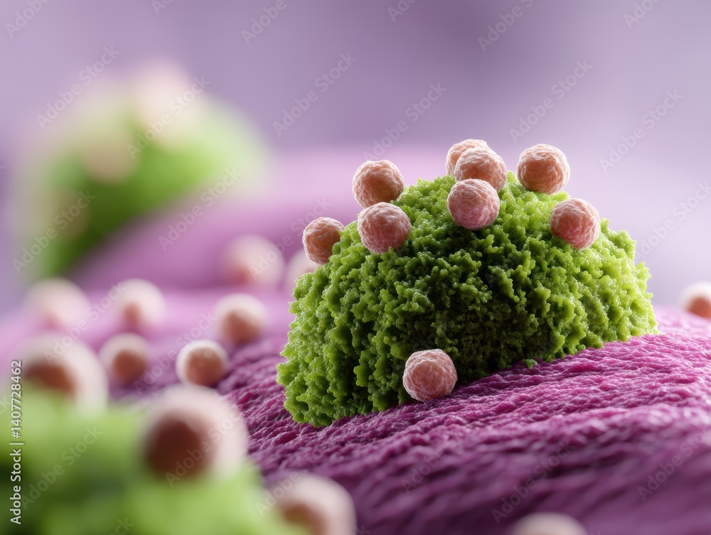 Poster a close-up view of a microscopic structure showcasing vibrant green and purple cells with spherical 