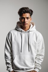 White hoodie mockup with blank background.