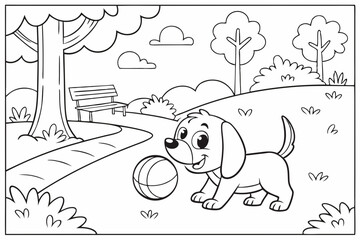 kids coloring page, a cute puppy playing ball in a park, cartoonish, friendly, thick outlines, no color