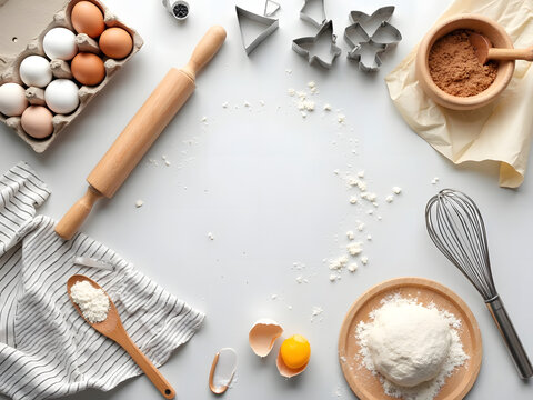 Baking Christmas cookies with vintage wooden utensils on a white kitchen table offers a blank space for your favorite holiday recipe
