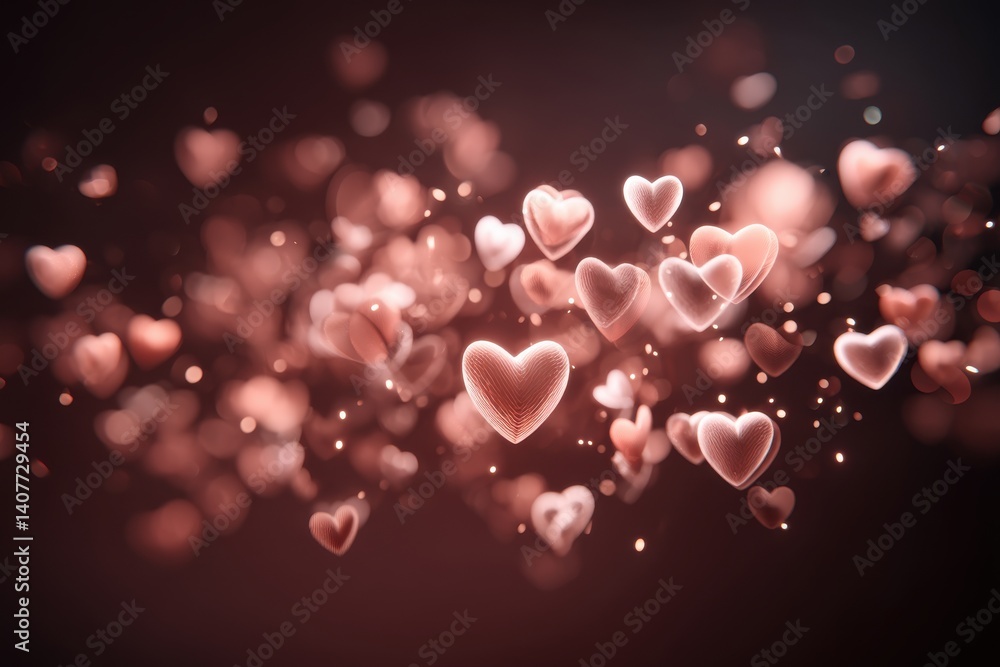 Poster a romantic and ethereal background featuring floating hearts with bokeh effects, suitable for valent