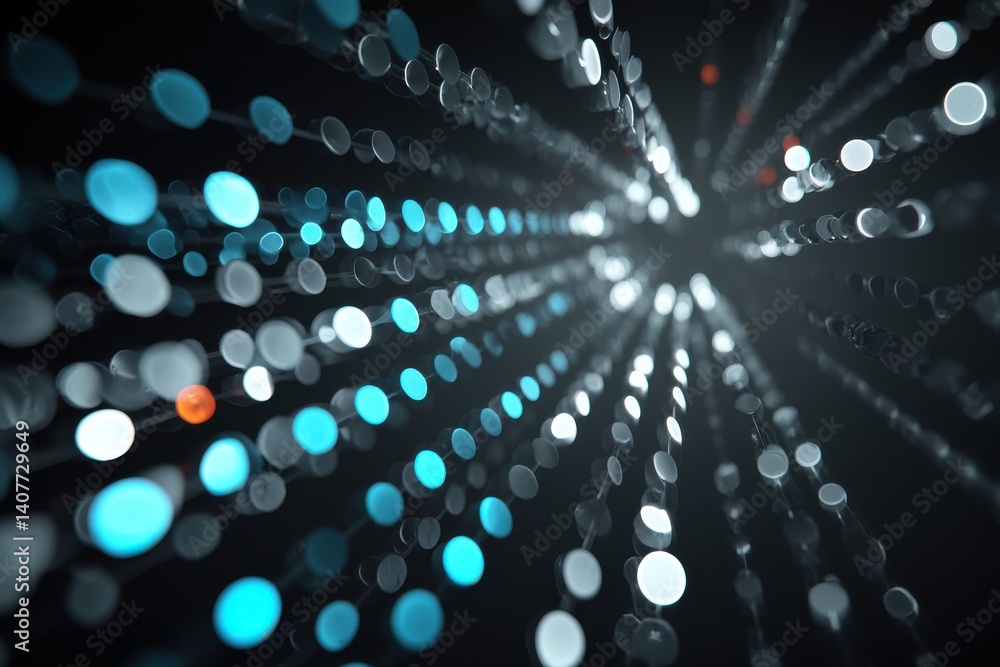 Poster abstract visualization of data flow with glowing circles connected in network patterns, creating dep