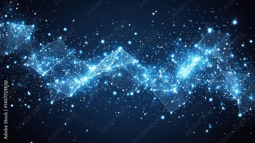 Poster abstract celestial network: glowing polygonal structures in a starry deep blue background