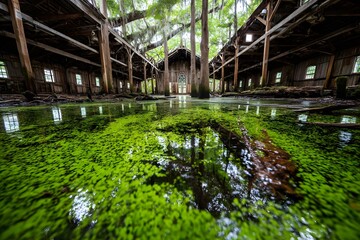 Abandoned Warehouse Interior with Reflective Water and Greenery