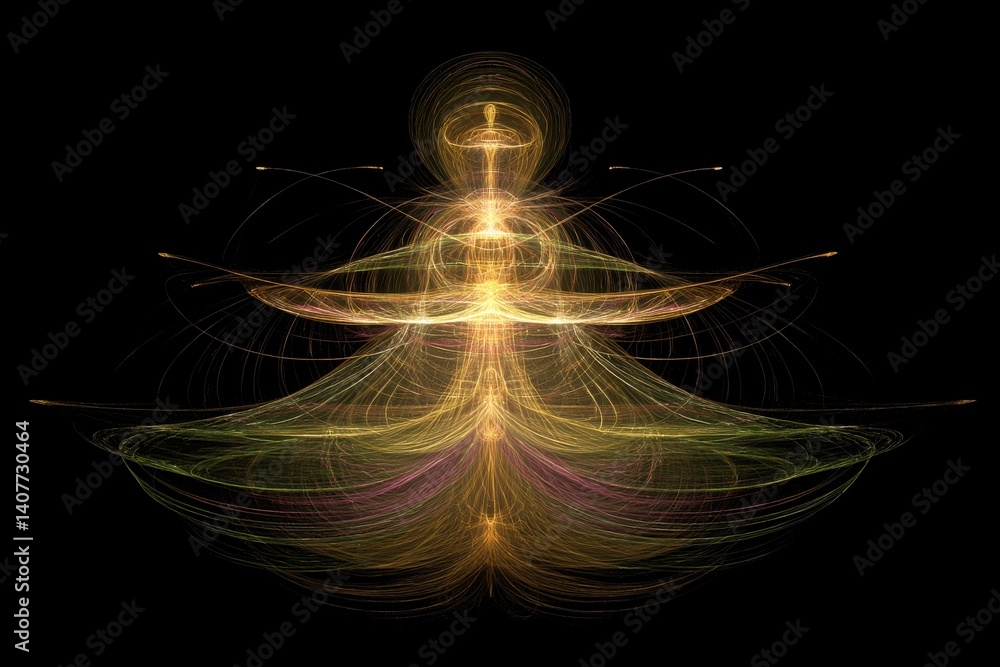 Poster abstract figure made of flowing lines, glowing with warm colors on a dark background, creating a dyn