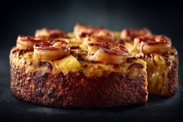 Delicious tropical dessert with pineapple and shrimp on a dark background highlighting savory flavors and textures