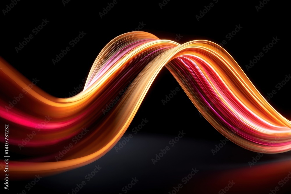 Poster an abstract flowing ribbon of light with vibrant colors on a dark background, creating a dynamic and