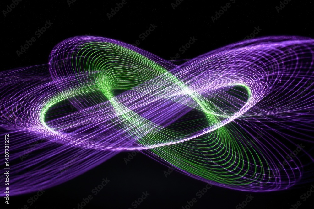 Aufkleber a vibrant light painting with intertwining purple and green light trails dancing across a dark backg