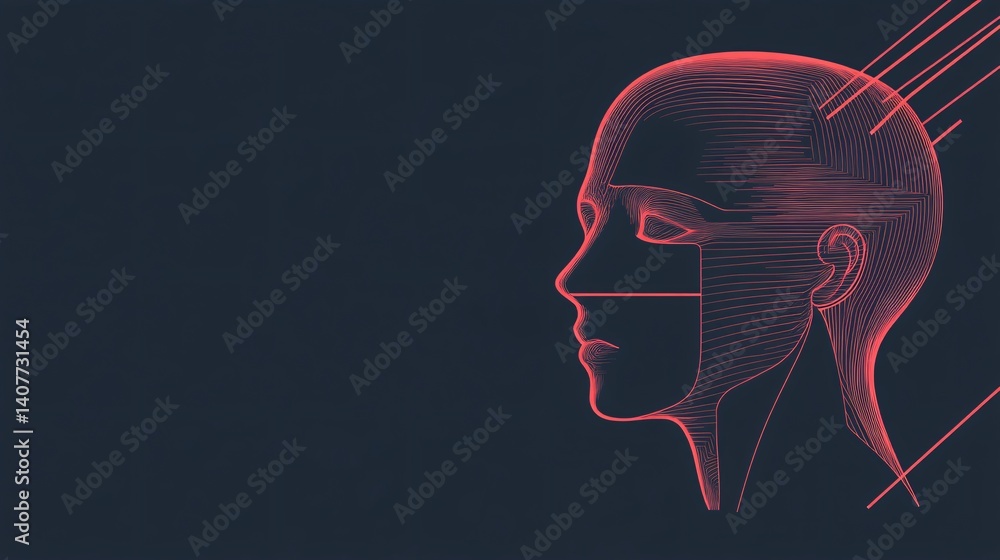 Poster artificial intelligence: red lines shaping a human head in profile on dark background