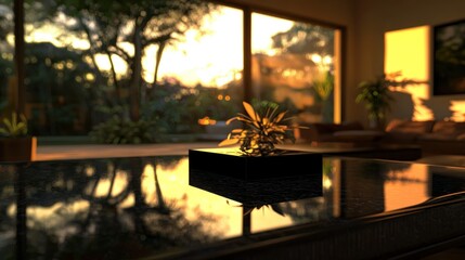Sunset views from modern living room, plant on coffee table