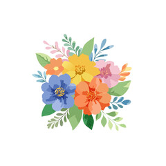 Colorful Garden Flower Clipart Featuring Blue, Yellow, and Coral Flowers with Leaves