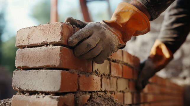 Mason laying bricks for a new wall in a commercial building. Featuring craftsmanship and precision