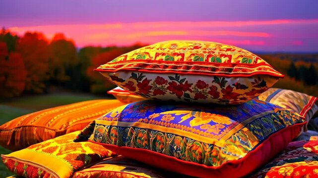 Colorful patterned throw pillows stacked outdoors at sunset Autumn landscape background Home decor