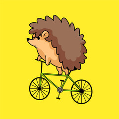 Cute kawaii hedgehog riding bicycle cartoon. Animal character for kids t-shirt, sticker, drawing, coloring book page, emoji, emoticon. Vector illustration