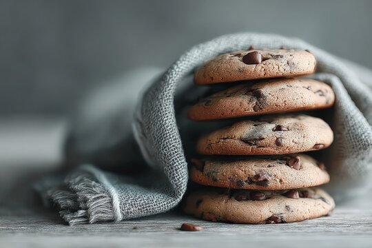 Freshly baked chocolate chip cookies stacked on a soft grey cloth in a cozy kitchen setting