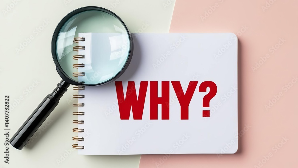 Poster magnifying glass over notebook highlighting the word why in bold red text symbolizing curiosity and 