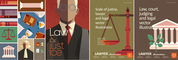 Law, lawyer and justice. Vector illustrations of scales of justice, judge, court, books, hourglass, column for poster, background, brochure or leaflet