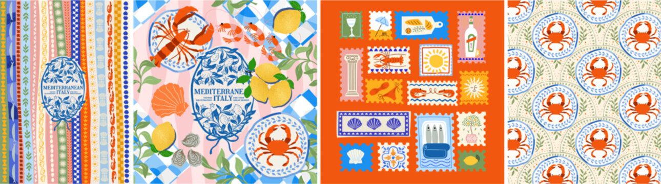 Naklejki Mediterranean summer. Vector illustration of Amalfi, Italian cuisine, striped pattern, lobster, crab, lemon, postage stamps, shell for poster, background or textile