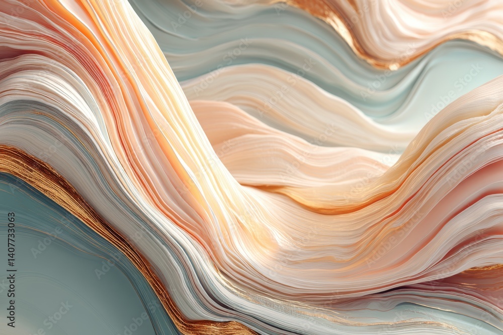 Poster abstract smooth colorful wavy background with golden threads, delicate and soft tones creating a uni