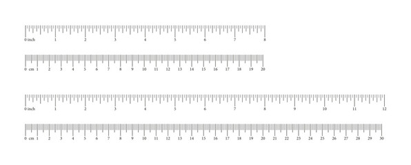 Inch and metric rulers set. Measuring tool template. Scale for ruler in centimeters, inches. Metrics indicator 20, 30 cm, 8, 12 inch. Inches, centimeters measuring scales. Measuring scales icon. 