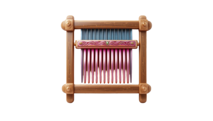 Wooden weaving loom with pink and blue threads isolated on black background