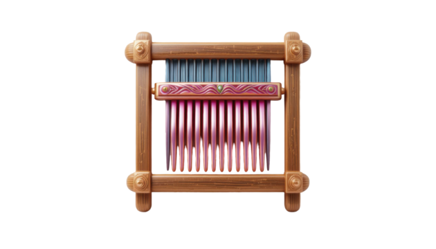 Wooden weaving loom with pink and blue threads isolated on black background