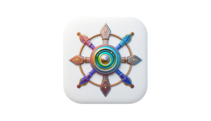 Abstract emblem with radiating elements on a rounded white square against black background