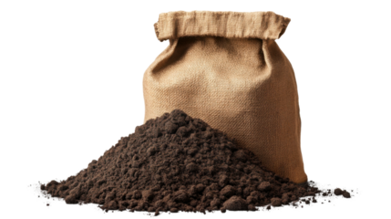 Fertilizer soil and sacks of soil on transparent background