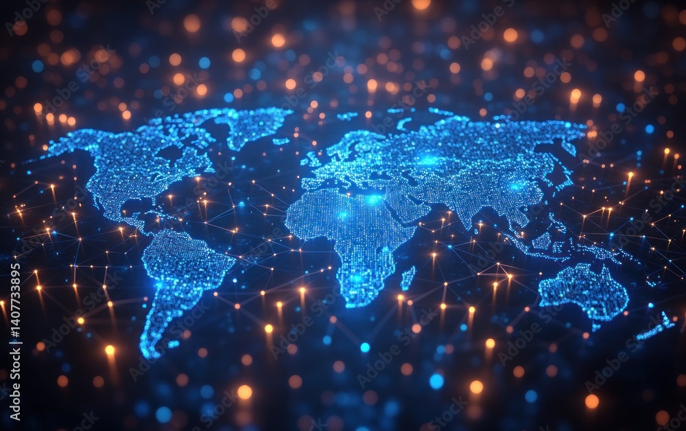 Poster digital dotted world map in cyberpunk style concept of global communication and technology