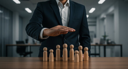 Business leader protects team symbolized by wooden figures on a table in a modern office showing