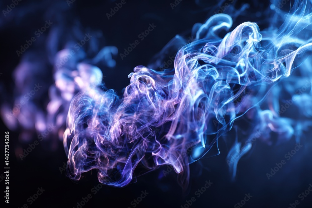 Poster an abstract swirling pattern of blue and purple smoke against a dark background, creating an etherea