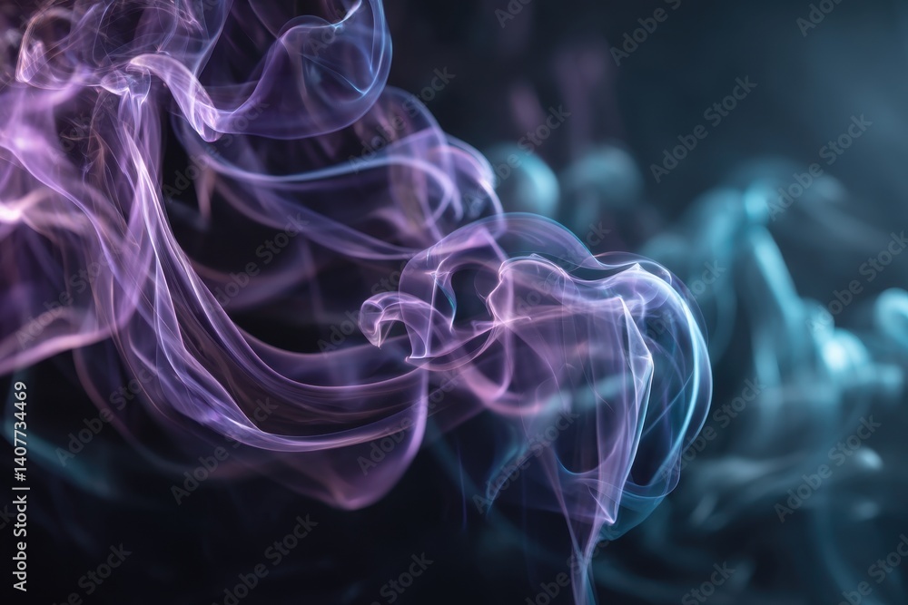 Poster an ethereal dance of light and color: delicate strands of purple and blue smoke intertwine and swirl