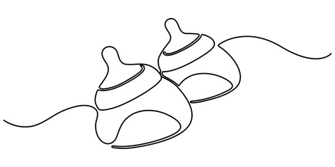Continuous one line drawing of baby feeding bottle. Baby milk bottle icon in one line. Baby drink bottle with love outline vector illustration. Editable stroke.