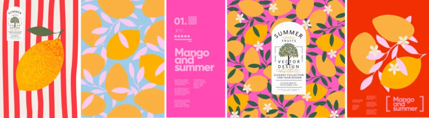 Mango. Summer fruits. Vector modern stylish illustration of mango, tree, pattern for plant background, textile, invitation, greeting card, packaging, label, brand, badge, italian poster