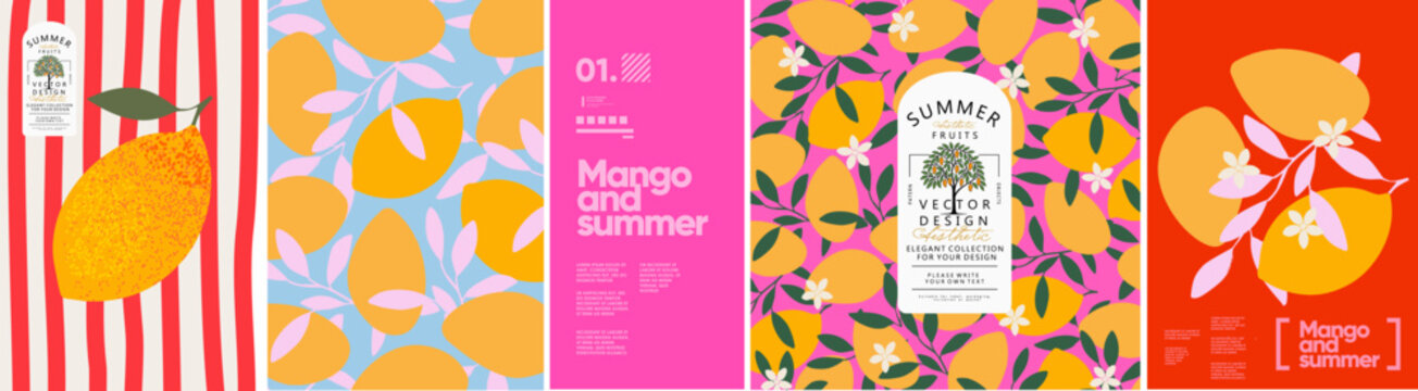 Mango. Summer fruits. Vector modern stylish illustration of mango, tree, pattern for plant background, textile, invitation, greeting card, packaging, label, brand, badge, italian poster