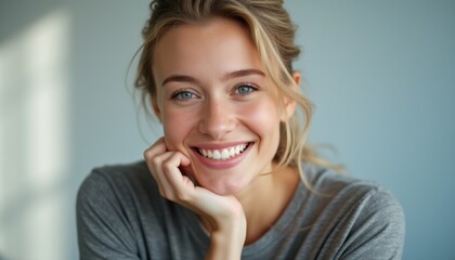 A cheerful young woman with flowing blonde hair beams with joy, her chin resting gently on her hand against a soft, muted background. Her bright smile radiates positivity and warmth, inviting viewers