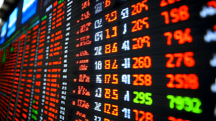 Stock performance displayed on a screen with various types of charts and financial data, with visible copy space
