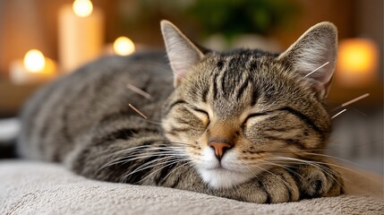 A cat with acupuncture needles, resting peacefully, candles in soft focus