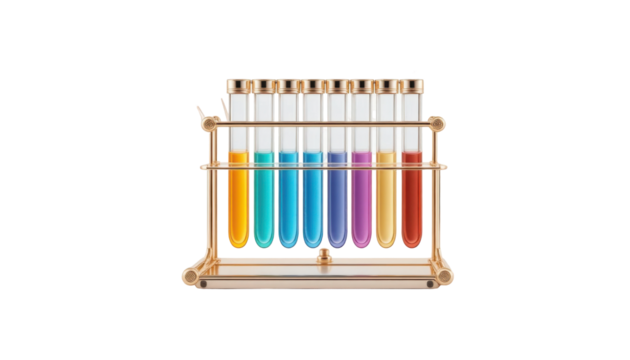 Colorful test tubes in rack illustrating scientific research experiments
