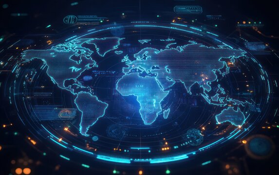 Futuristic Cyberpunk Digital World Map with Holographic Radar and Neon Lights