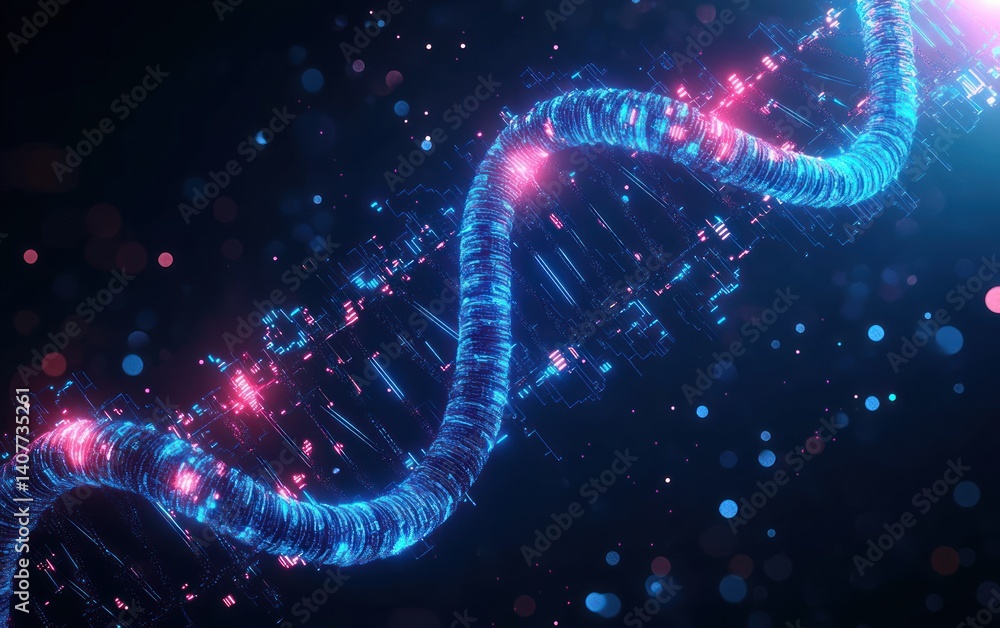 Poster futuristic dna data storage concept with neon patterns in cyberpunk style
