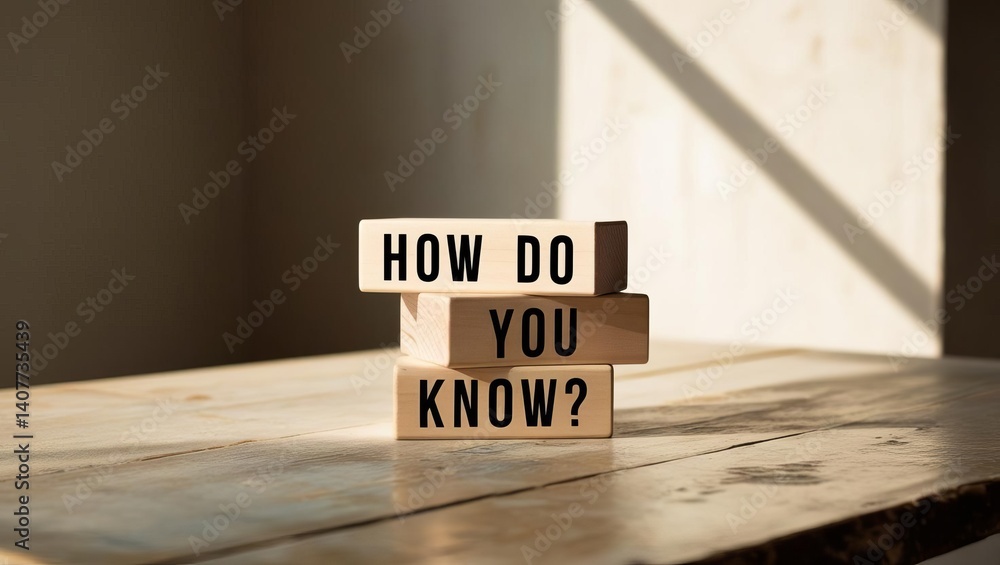 Poster single engraved wooden block with question how do you know positioned on rustic tabletop with soft n