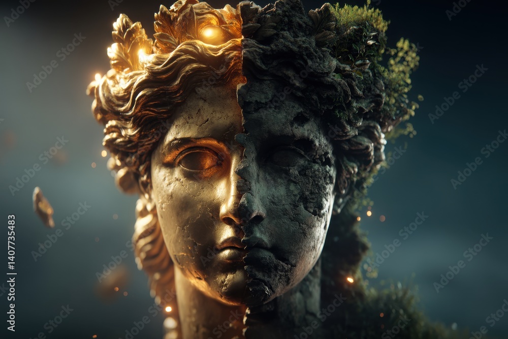Poster a striking digital art piece displaying a statue's face split between gold and nature, creating a un