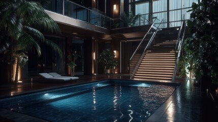 Fototapeta premium Luxurious indoor pool in a modern, dark-toned home at night with tropical plants
